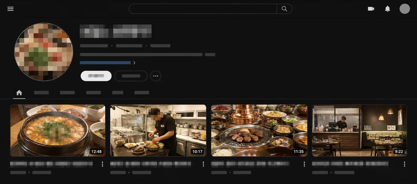 외식업 유튜브 채널의 익명화된 콘텐츠 목록 화면