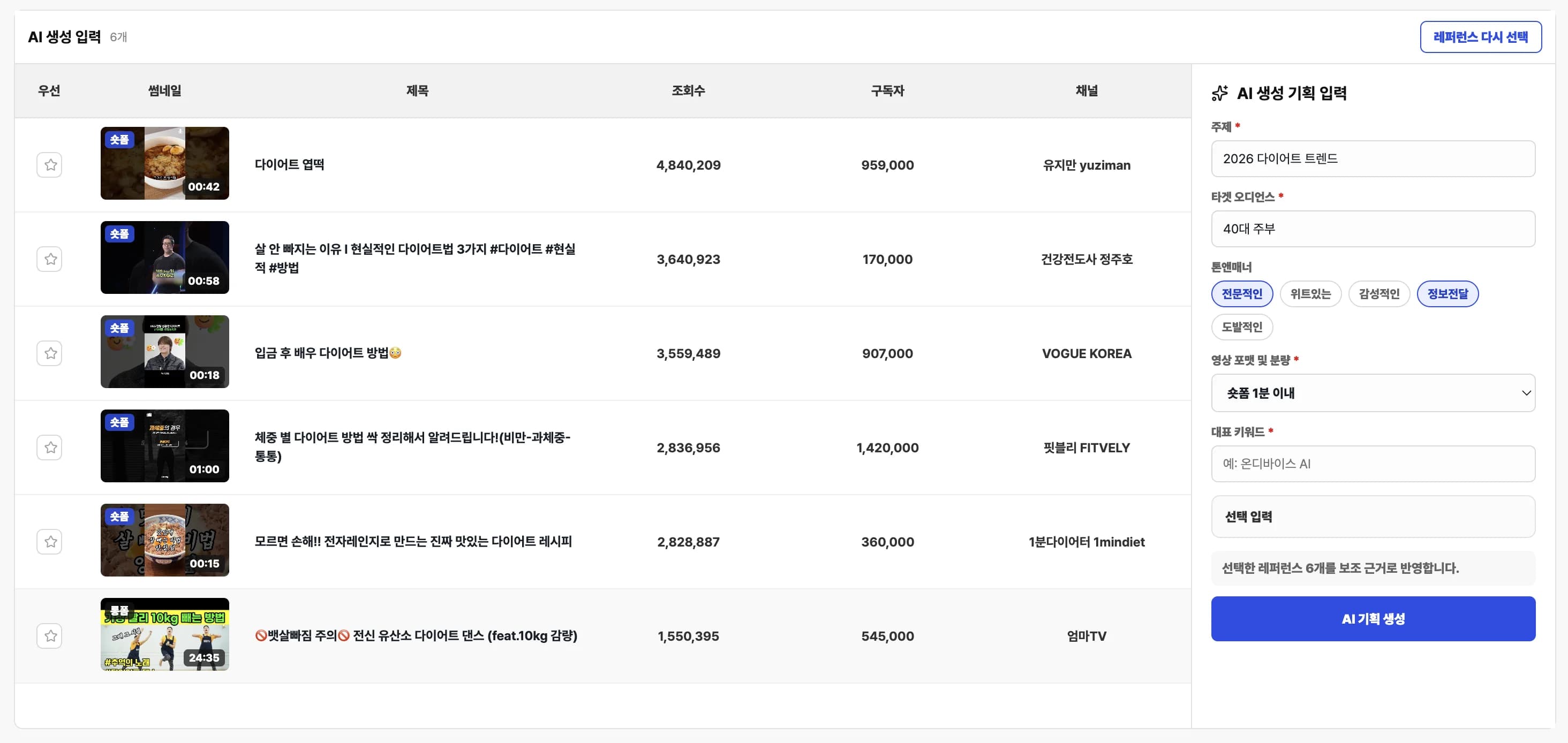선택한 레퍼런스와 AI 생성 기획 입력을 함께 보여주는 원플로우 화면